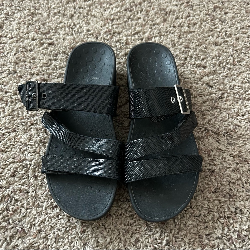 Vionic Black Strappy Slide Sandals with Silver Buckle - Picture 2 of 8